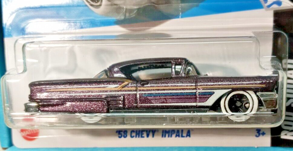 Hot Wheels ’58 Chevy Impala HYX38 Rod Squad Met. Black/Purple 8/10 WhiteWalls
