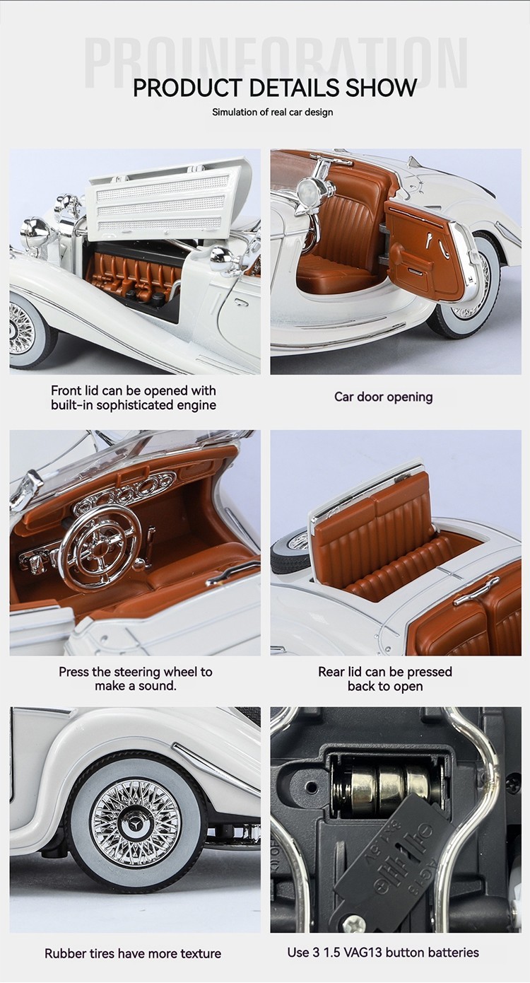 1:24 1936 Mercedes-Benz 500K Special Roadster Diecast Model Car Vintage Toy Gift