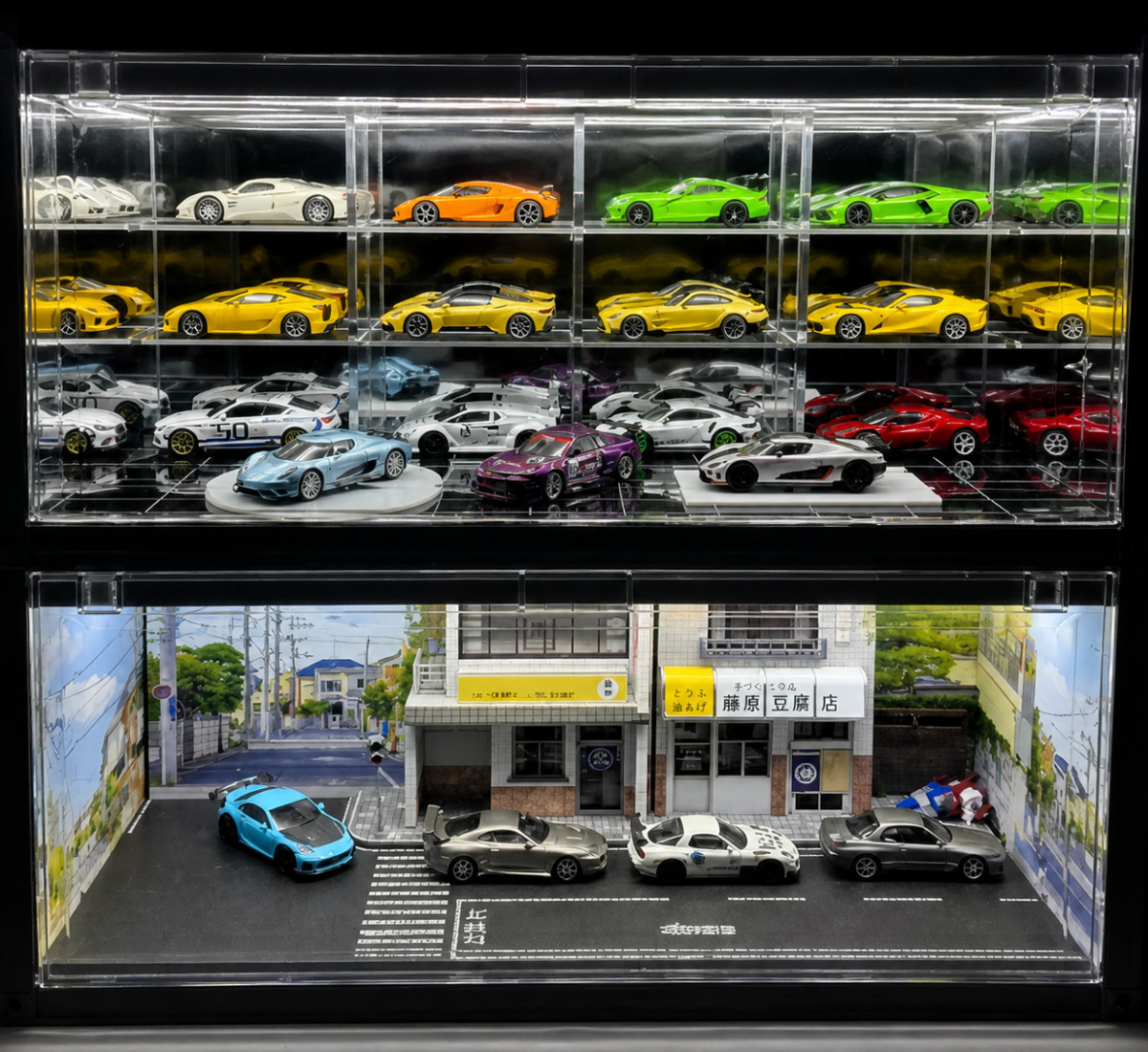 Diorama 1/64 Parking Lot Model LED Lighting Container Garage Display Case Scene