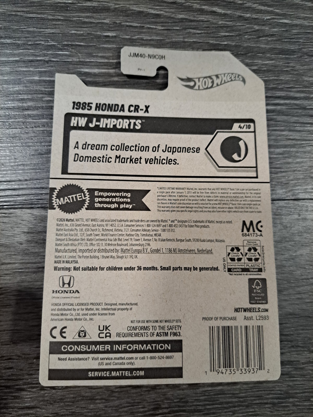 2026 Hot Wheels 1985 Honda CR-X Zamac NEW H-case