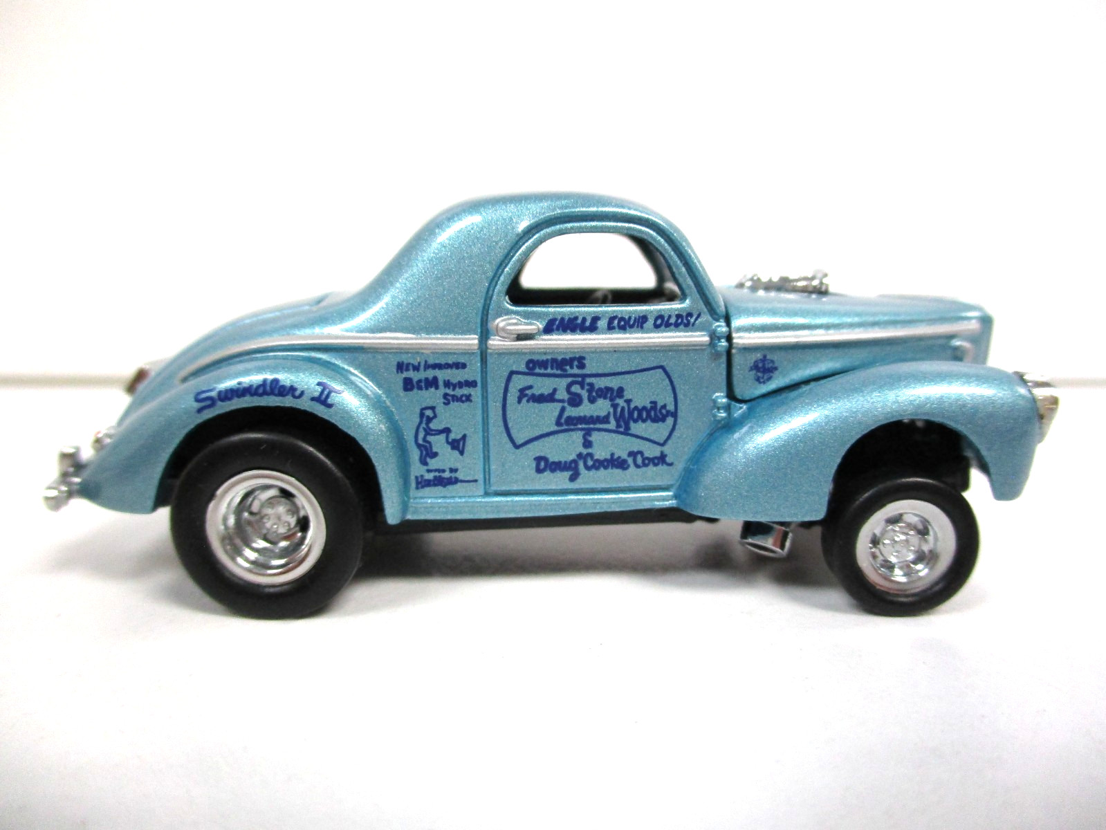 HOT WHEELS STONE WOODS COOK SWINDLER II 1941 WILLYS GASSER DRAG CAR REAL RIDERS