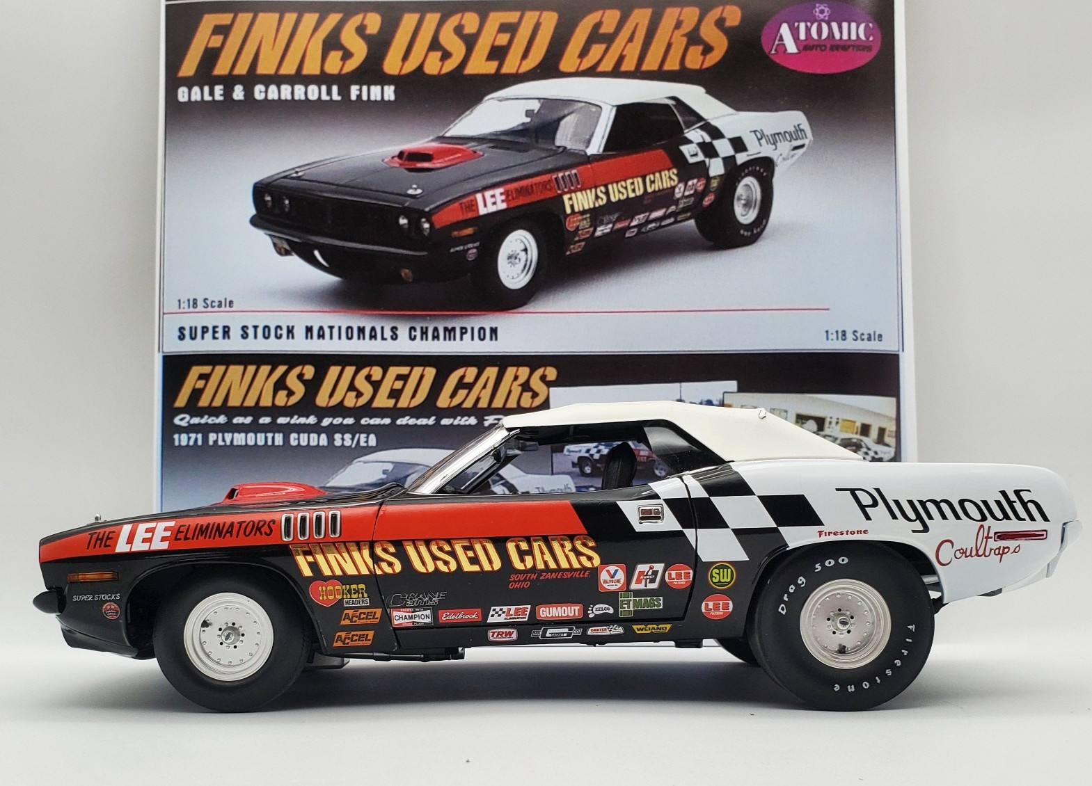 FINKS USED CARS SUPER STOCK 1:18 CUDA SS/EA 426 HEMI ATOMIC A1806130AA BRAND NEW