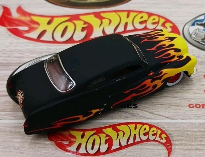 1951 Mercury Lead Sled Custom Black Yellow/Orange Flames Red Rim Whitewall Tires