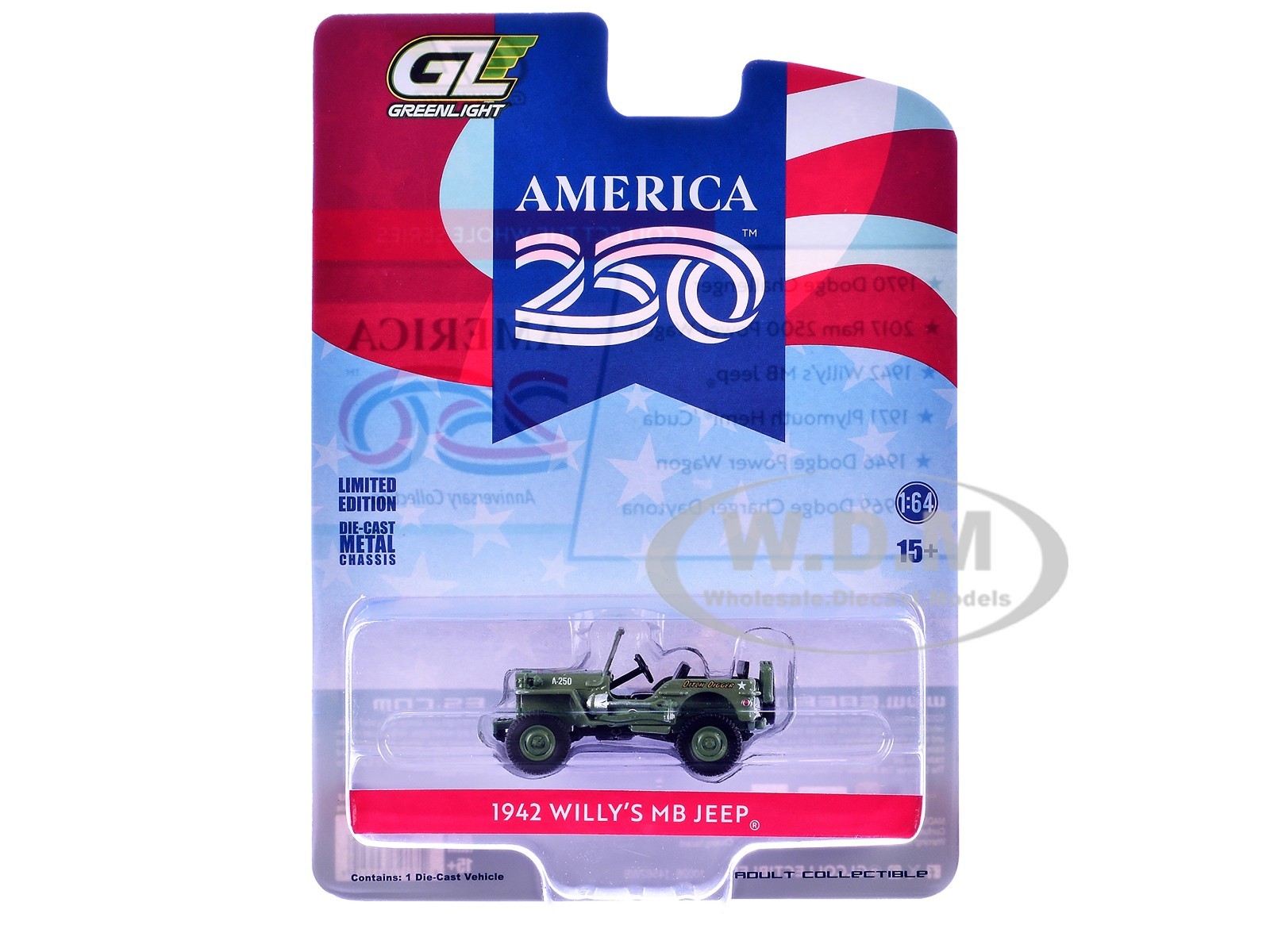 1942 WILLY’S MB JEEP GREEN “AMERICA 250” 1/64 DIECAST CAR BY GREENLIGHT 28180 C