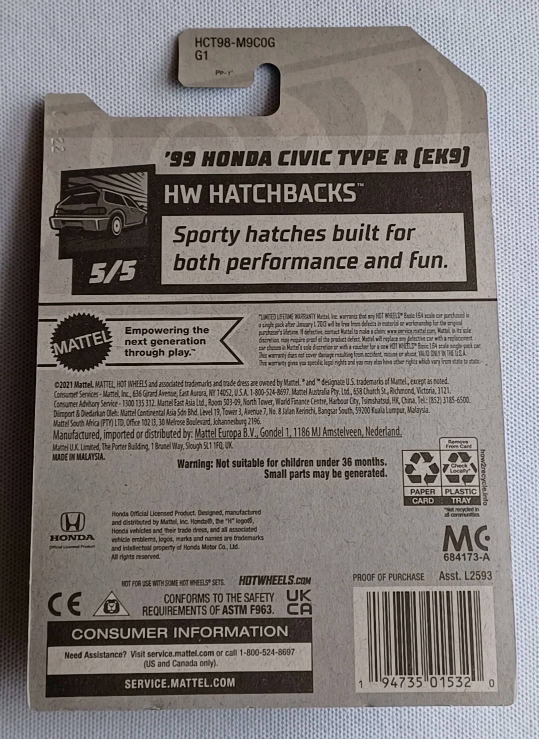 2021 HOT WHEELS *’99 HONDA CIVIC TYPE R (EK9)* *RYU’S RIDES* *VERY RARE* SEALED