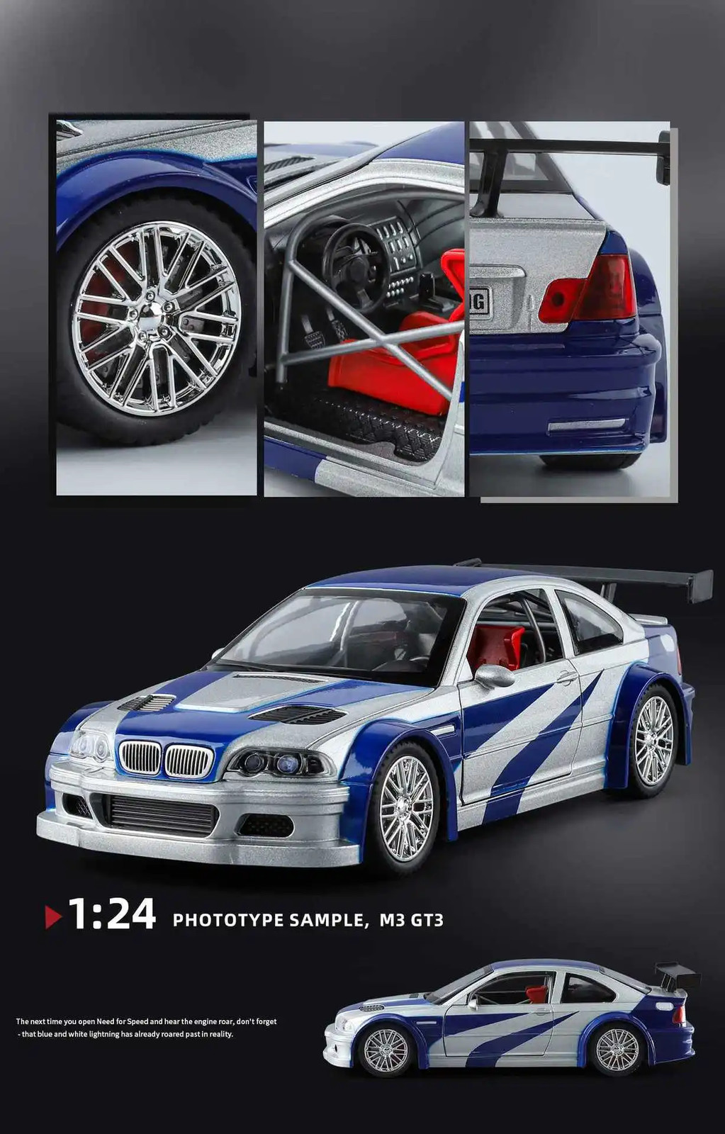 1:24 BMW M3 GTR E46 Muscle Model Car Sound Light Collectible gift