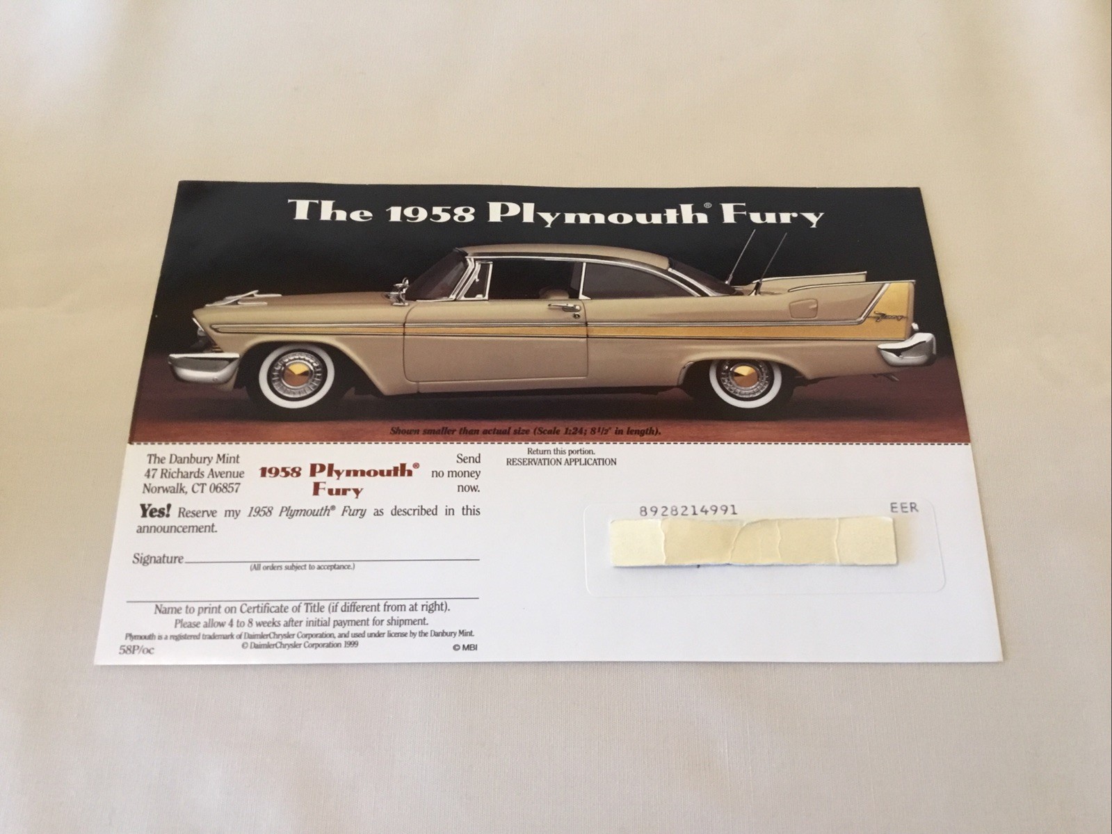 Danbury Mint 1958 Plymouth Fury Brochure Paperwork Only 1:24