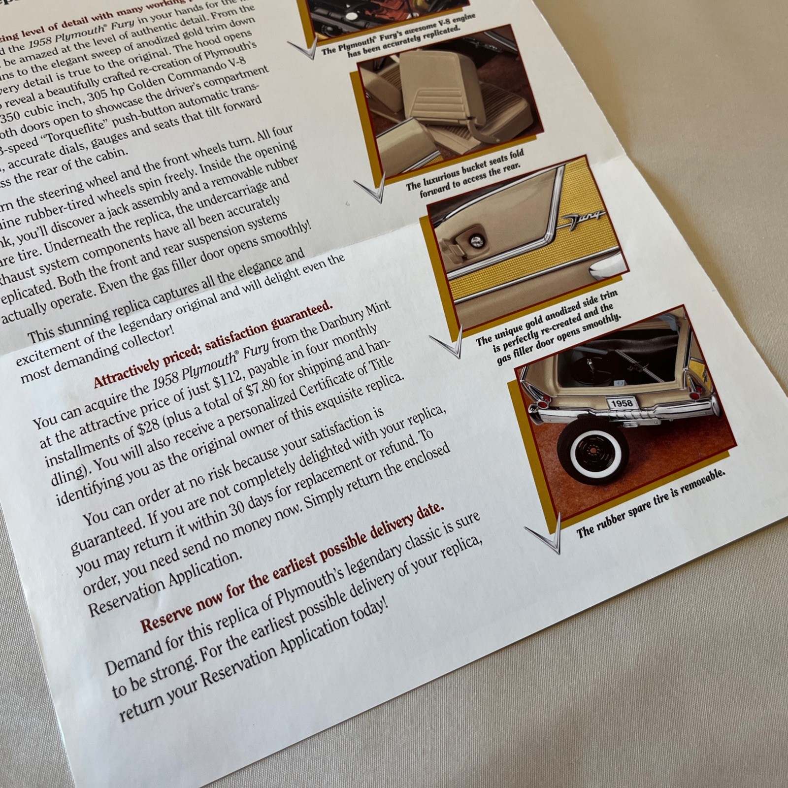 Danbury Mint 1958 Plymouth Fury Brochure Paperwork Only 1:24