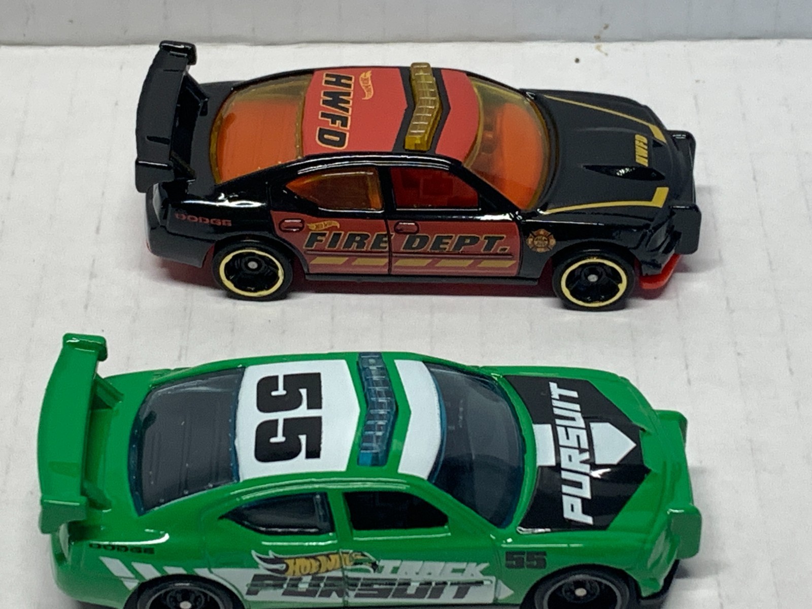 HOT WHEELS DODGE CHARGER PURSUIT X2. 2021 BLACK FIRE DEPT. & 2023 GREEN LOOSE