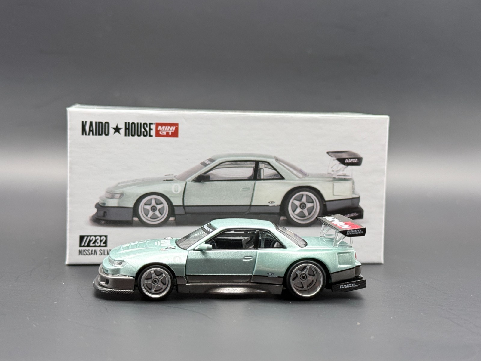 Kaido House x Mini GT Nissan Silvia S13R KAIDO WORKS V1 Sea Foam Green #232 1/64