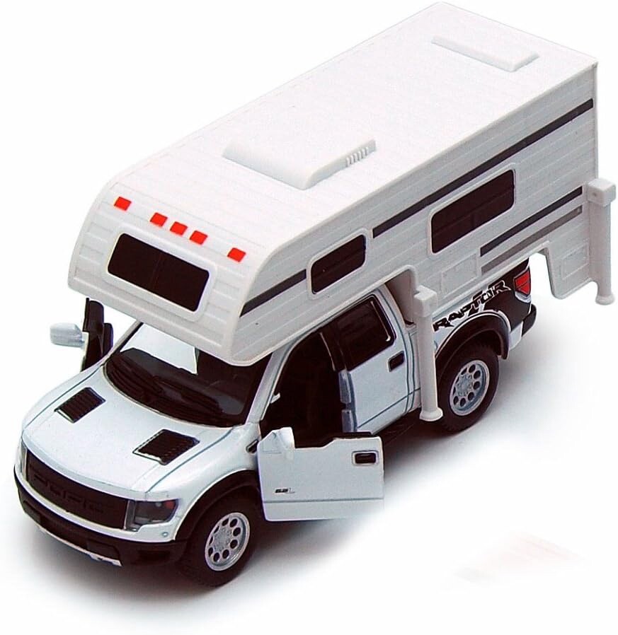 2013 Ford F-150 SVT Raptor Supercrew w/ Camper 1:46 Scale Diecast Model White 5″