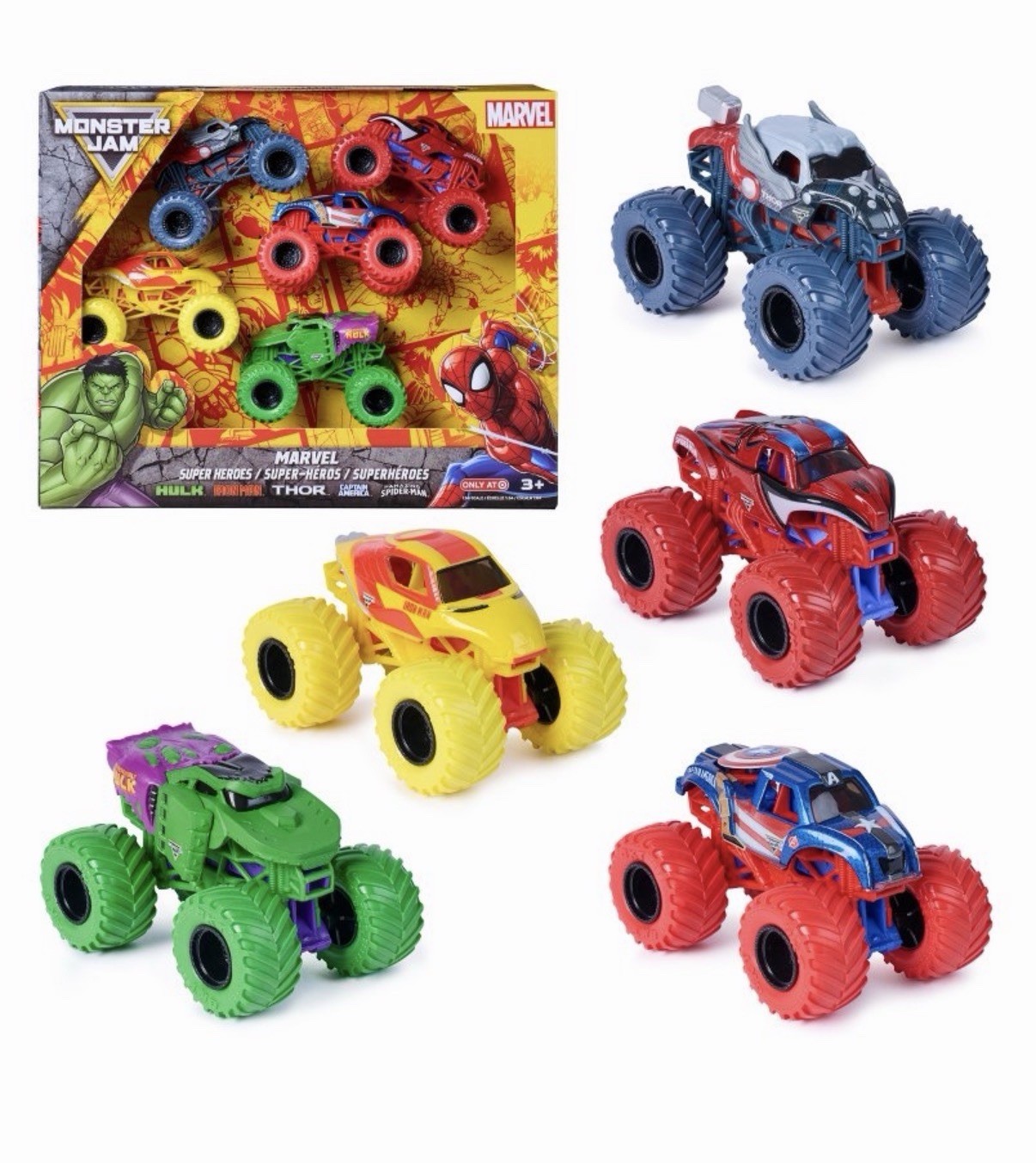 Monster Jam 1:64 Diecast Marvel Super Heroes 5-Pack Hulk Iron Man Spidey