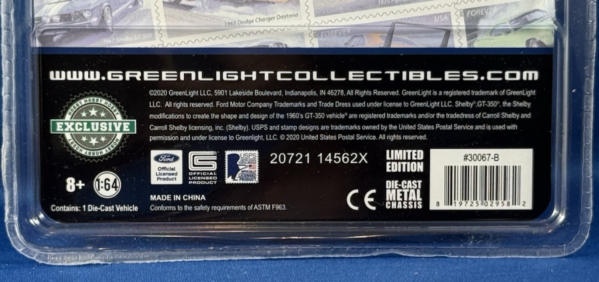 Greenlight Collectables 1967 Shelby GT500 USPS Forever Stamp Car 1/64 Scale NIB