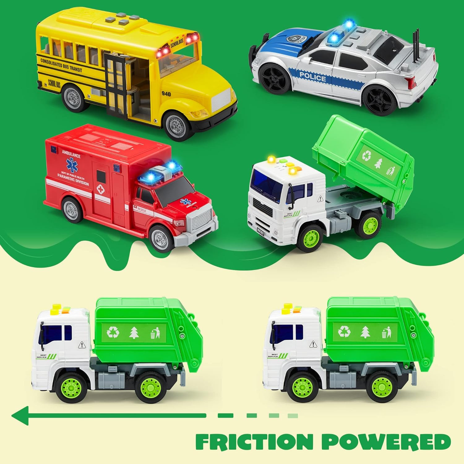 4 Pcs 7″ Vehicle Toy Set Lights Siren Police Car Bus Garbage Truck Ages 3-5 Boys