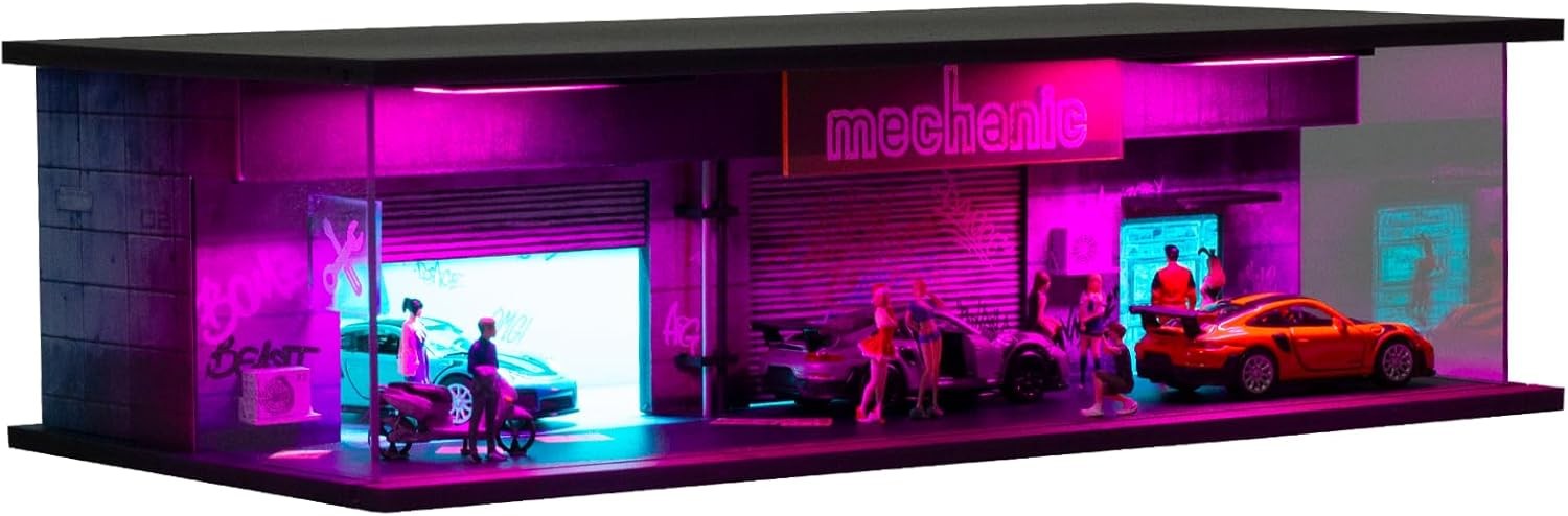 1/64 Diorama Car Garage Model LED Cyberpunk Parking Lot Collection Scene Gift US