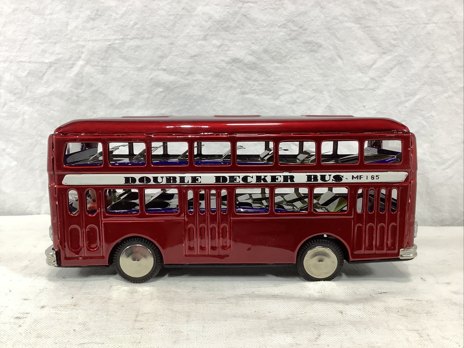 Vintage Chinese Tinplate Friction Drive Double Decker Bus MF 185 – Red NOS