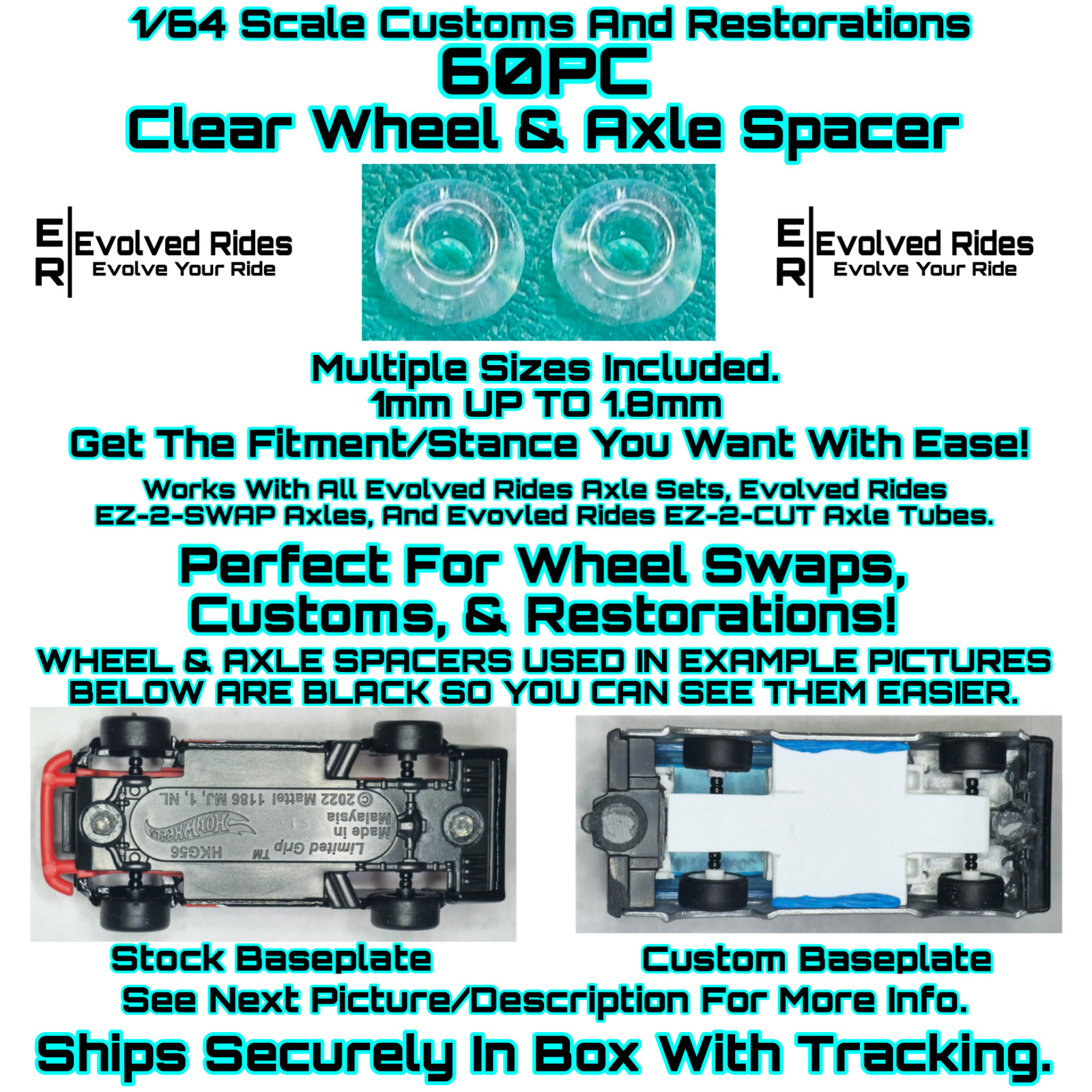 Clear Wheel & Axle Spacers 60PC For 1/64 Scale Custom Restoration Real Rider