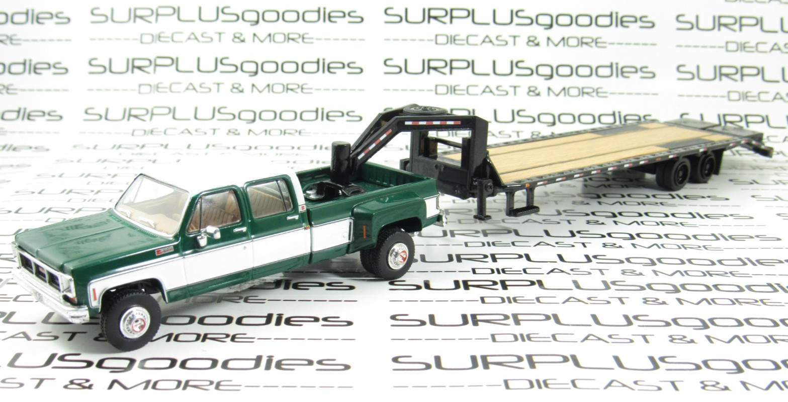 IXO 1:64 Green 1973 GMC SIERRA GRANDE 3500 Crew Cab Dually w/Gooseneck Trailer