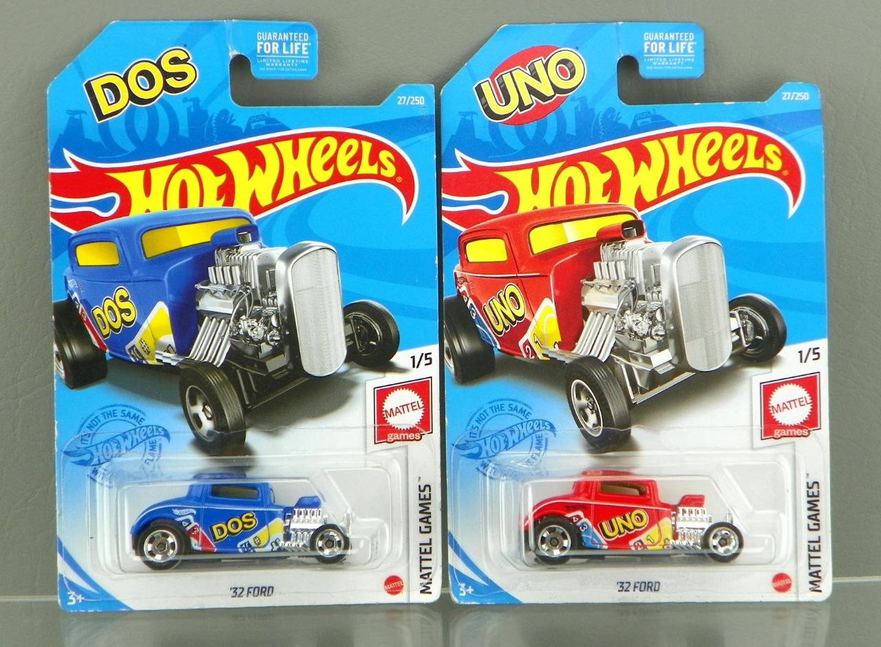 Hot Wheels 2020 Mattel Games 1/5 UNO / DOS Blue & Red ’32 Ford Roadster Lot NEW