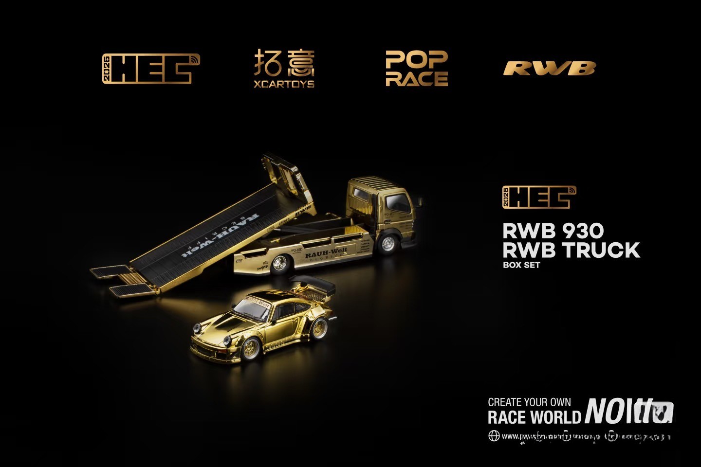 Pop Race XCartoys HEC Beijing 1/64 RWB 930 Gold Set Ltd 300 Truck Transporter