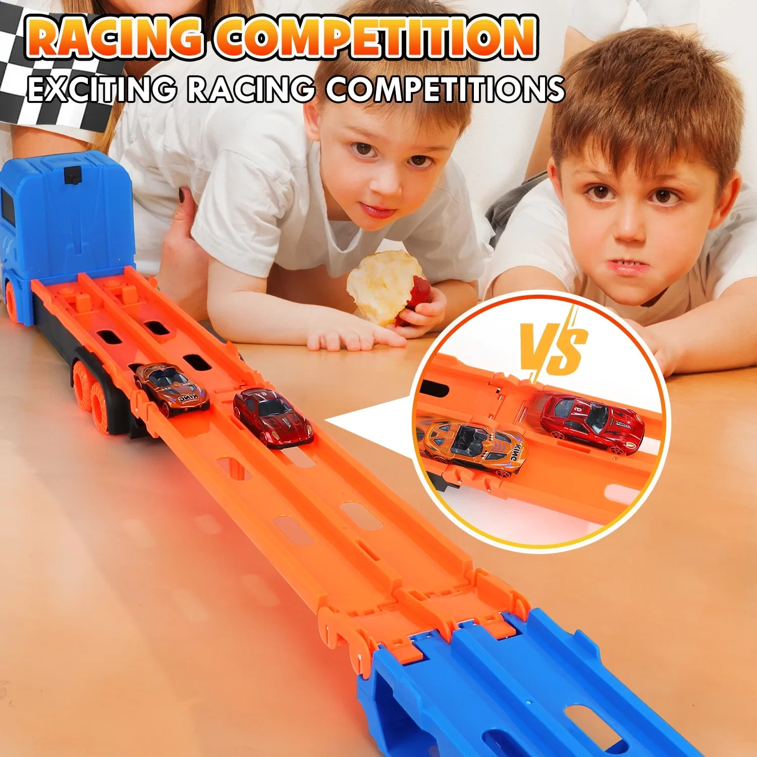 Race Track Toys for Kids 3-6, Double Decker Transport Truck with cars
