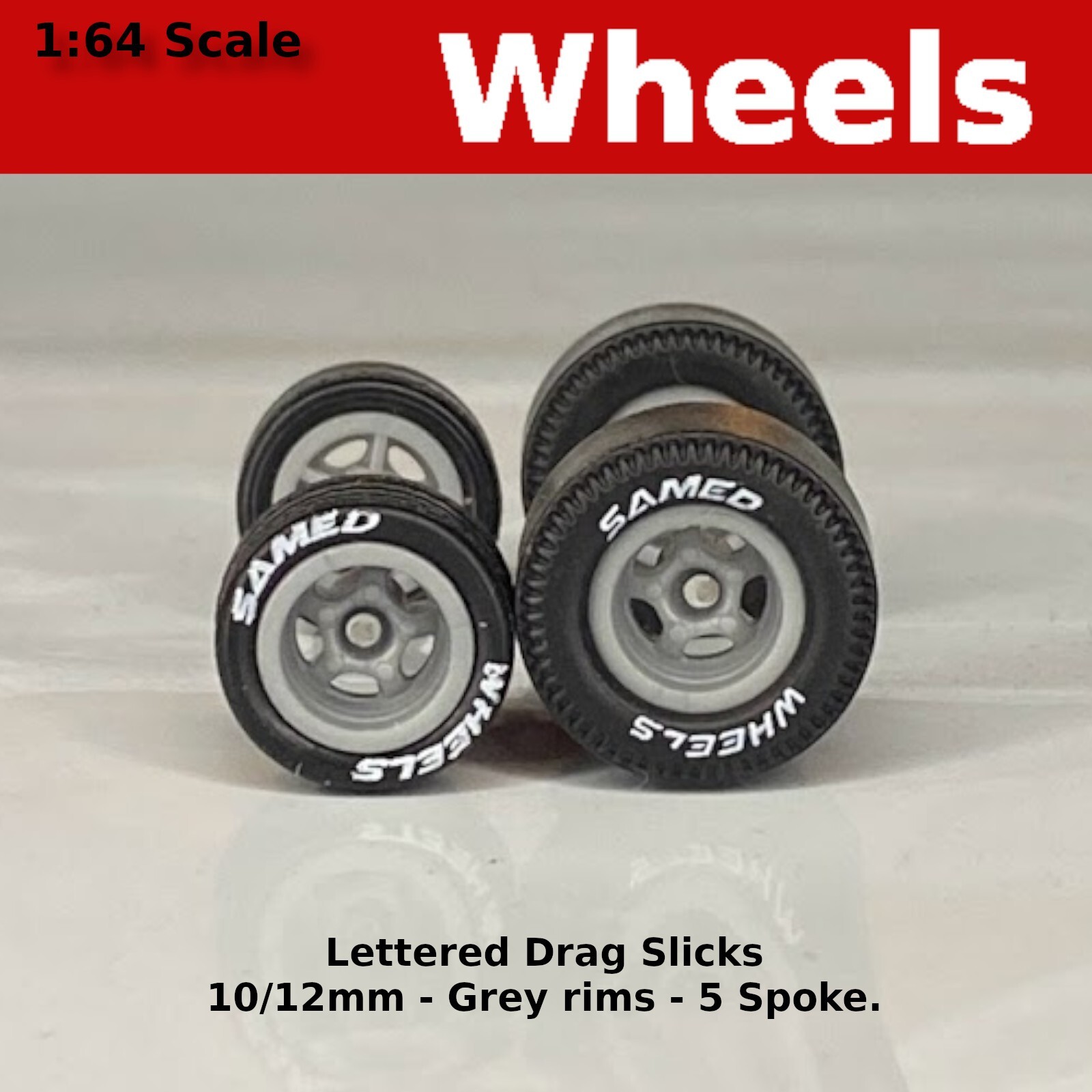 Muscle Car Long Axle – Gray 5 spoke Drag Slicks – 10mm/12mm for Hot Wheels