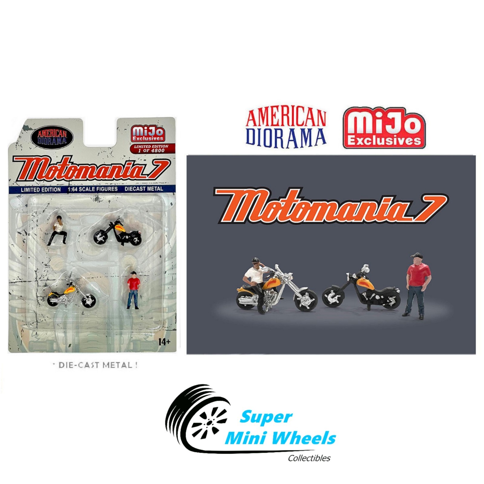 American Diorama 1:64 – Motomania 7 Chopper Biker – Figures – 4pcs – Metal