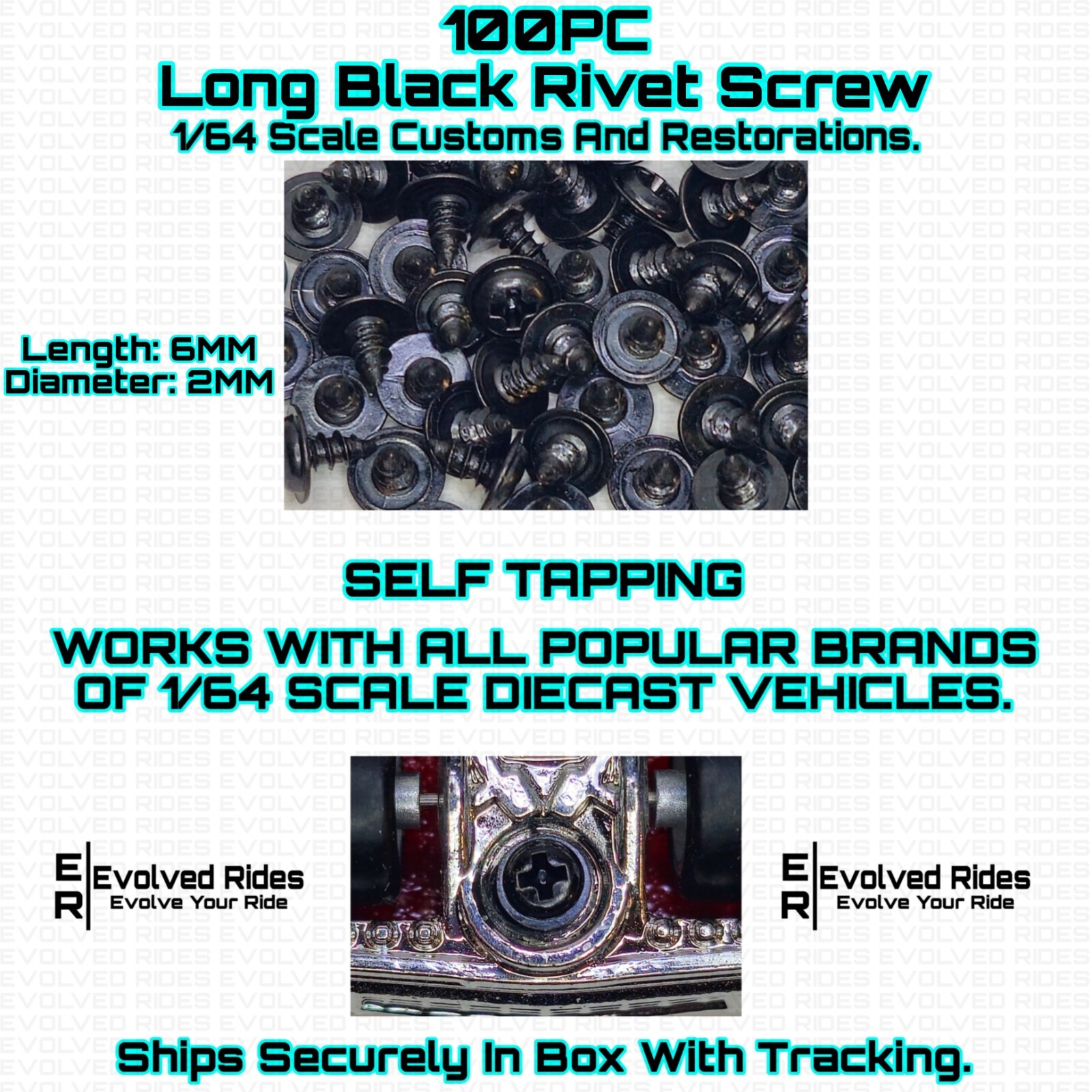 100PC Long Rivet Screw Self Tap Black For 1/64 Scale Customs Restorations