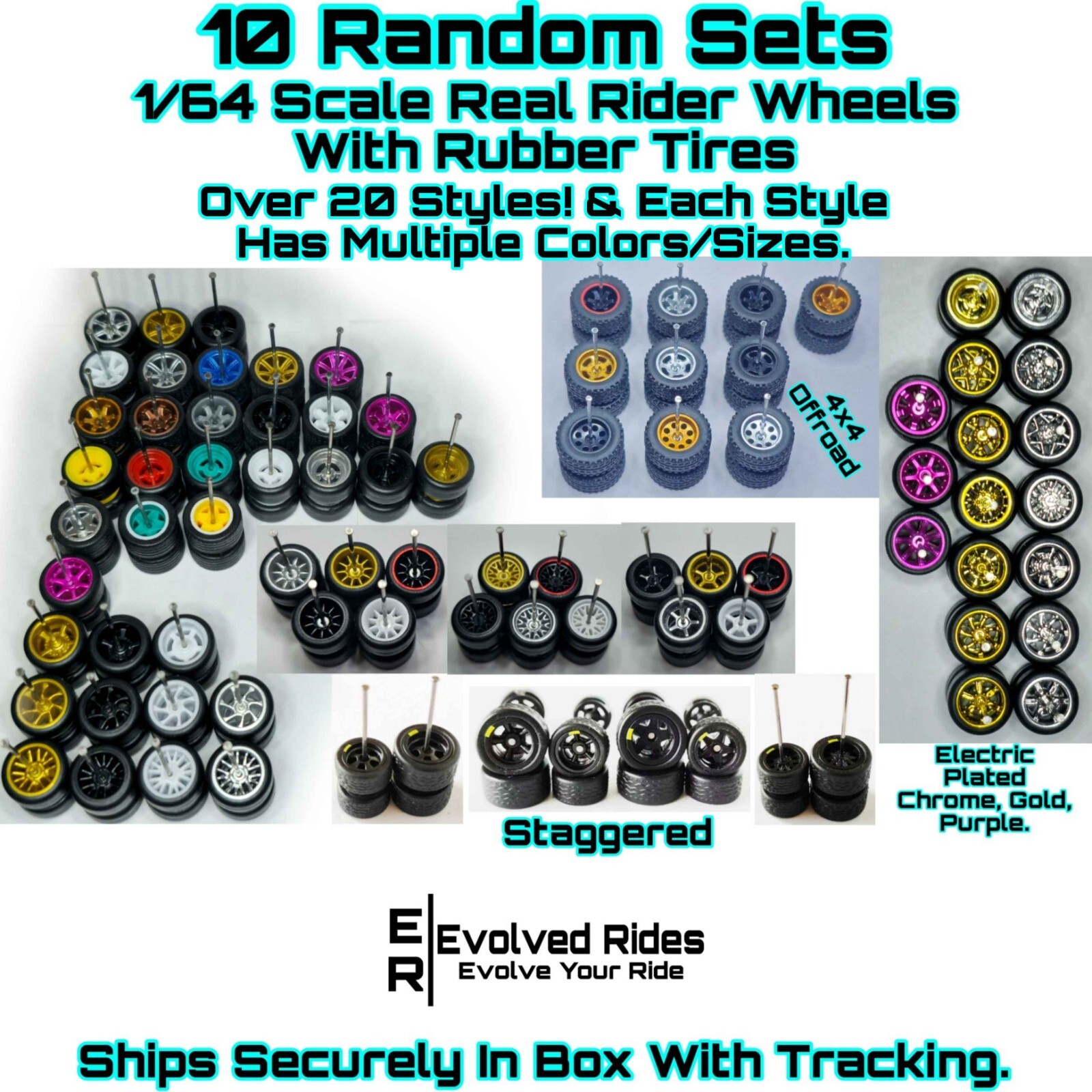 10 RANDOM Sets Real Rider Wheels Rubber Tires 1/64 Scale Hot Wheels Matchbox