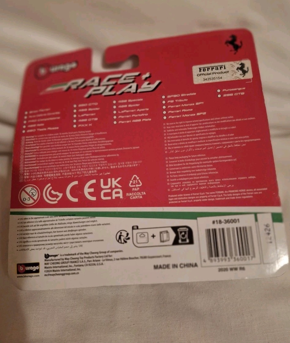 Bburago Ferrari SF90 Stradale 1:24 Red/Black Diecast Car Unopened Box