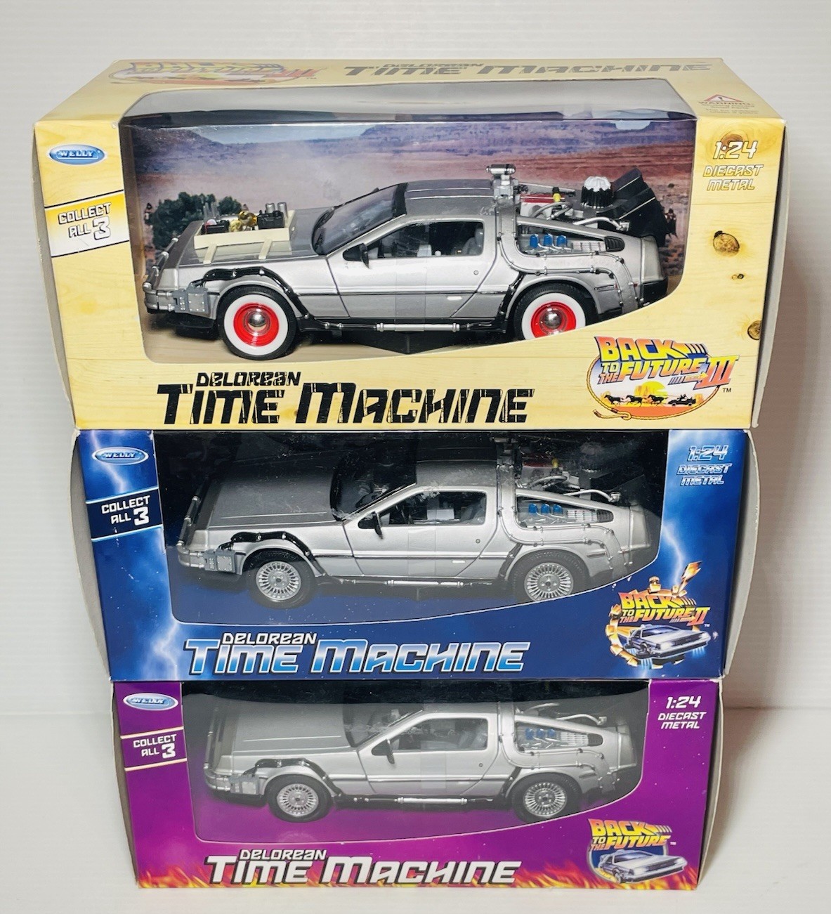 WELLY ALL Back to The Future I II & III DeLorean Time Machine 1:24 Scale Diecast