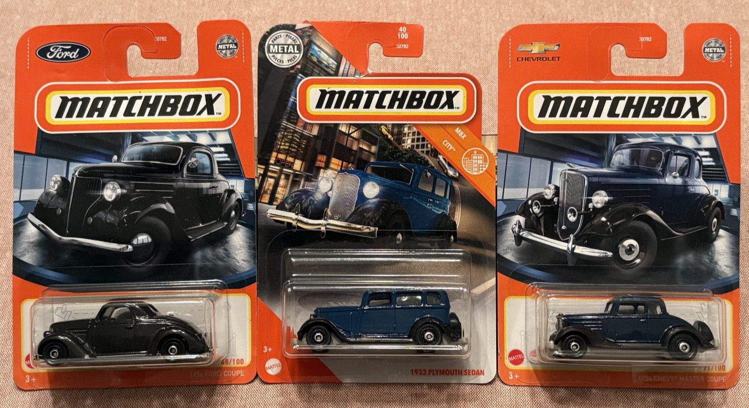 LOT OF 3 MATCHBOX 1936 FORD COUPE – 1933 PLYMOUTH SEDAN-1934 CHEVY MASTER COUPE