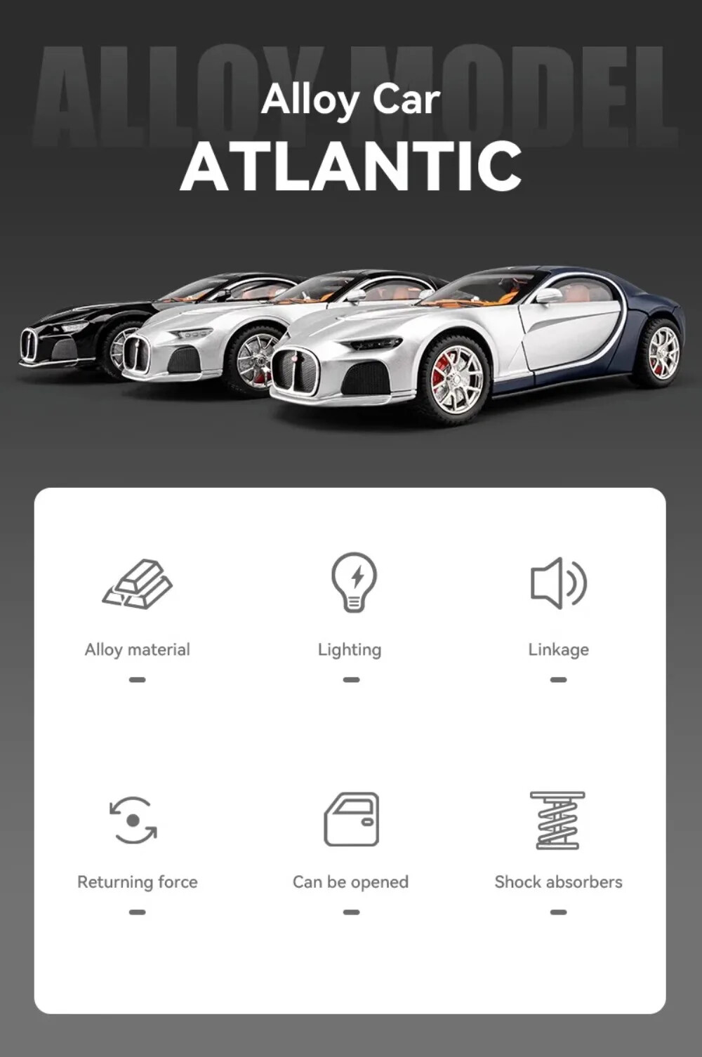 1/24 Toys Car Model Bugatti Atlantic Luxury Sport Car Alloy Diecast Toy Vehicle