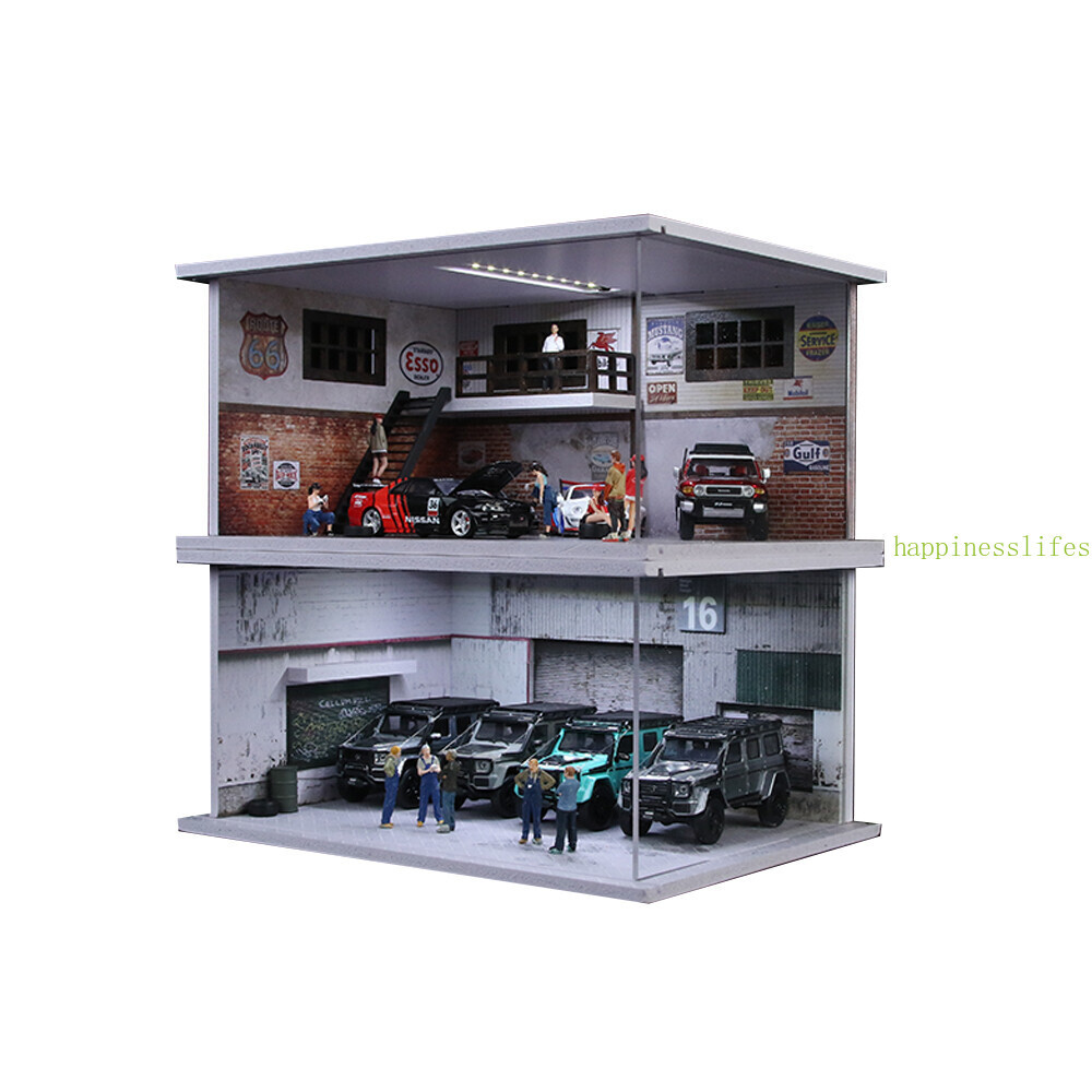 Diorama 1/64 Car Garage Model LED Lighting City Car Repair Shop Scene Model Toy