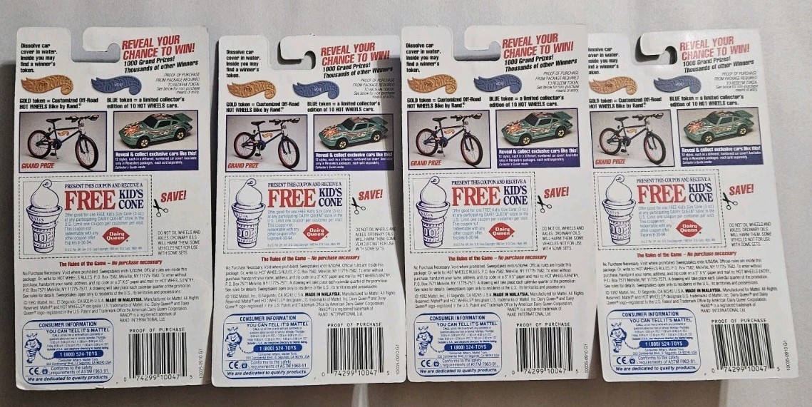 Hot Wheels 1992 Revealers Dairy Queen Promo Lot Of 4 (7, 9, 10, 11)