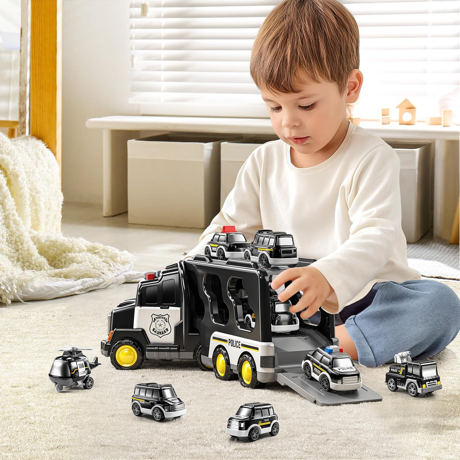 Police Truck Toy for 3 4 5 6 Years Old Boys – Carrier Vehicle Toy Set with 3 Sma