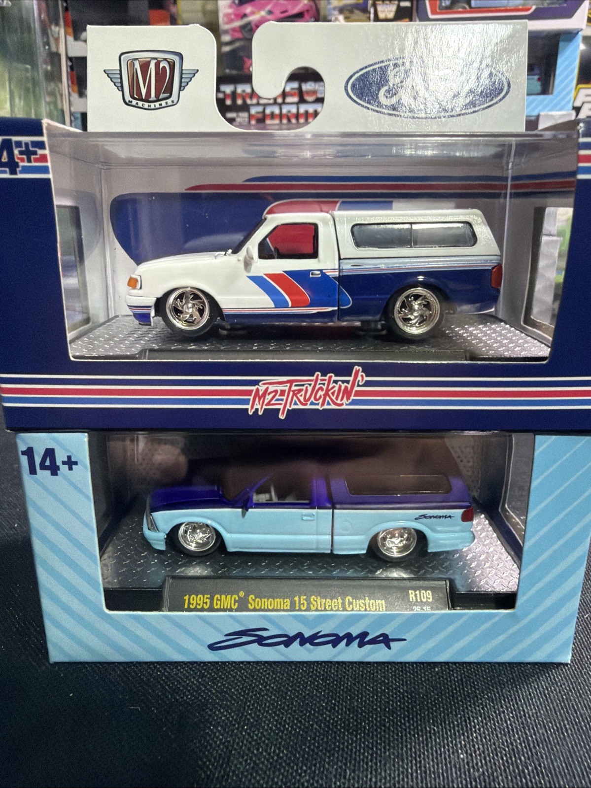 M2 Machines 1:64 1995 GMC Sonoma Custom & 1995 Ford Ranger R109 Mini Truckin Lot