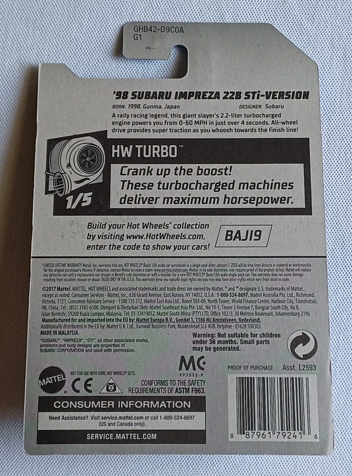 2020 HOT WHEELS *’98 SUBARU IMPREZA 22B STi- VERSION* *HW TURBO* *FIRST EDITION*