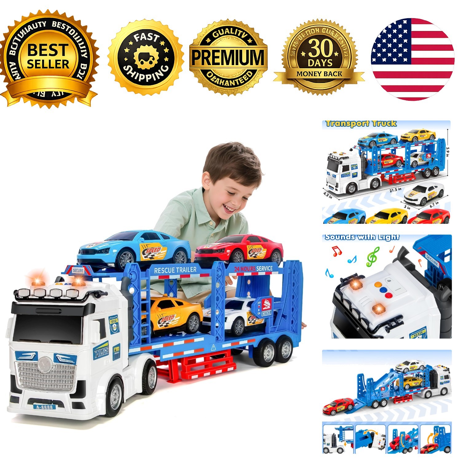 Semi Truck Toy Car Carrier Double Decker Trailer Light Sound Adjustable for