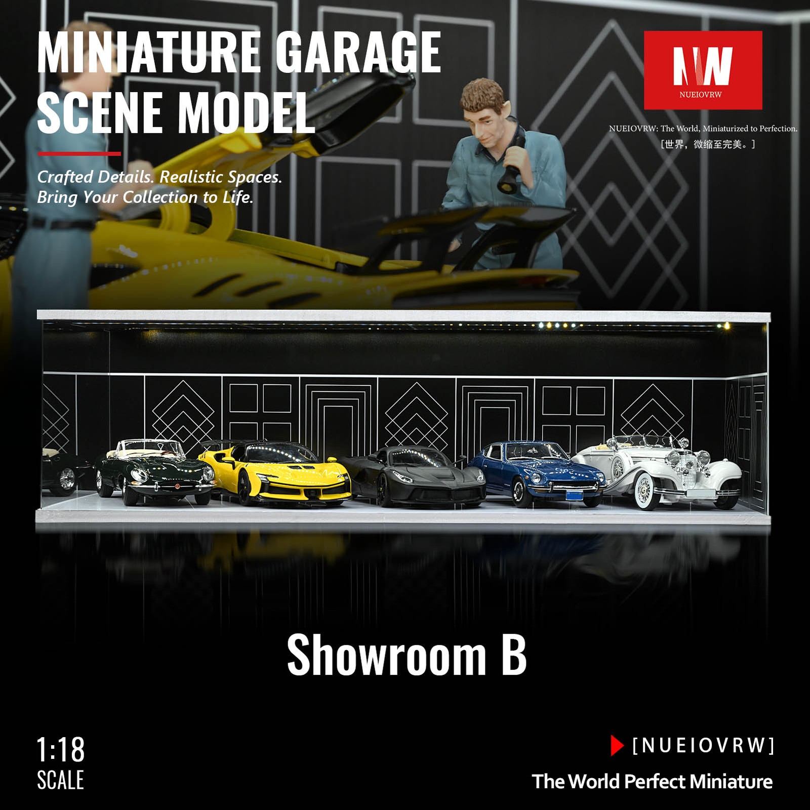 Diorama 1/18 Car Garage Model LED Light Street Building Showroom Display Gift US