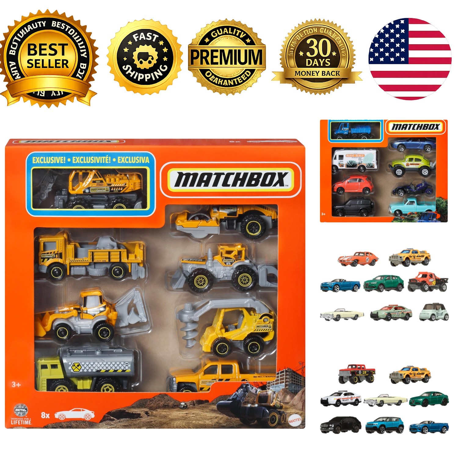 Matchbox 8-Pack Die-Cast Vehicles 1:64 Scale 8 Themed Cars 1 Exclusive Style