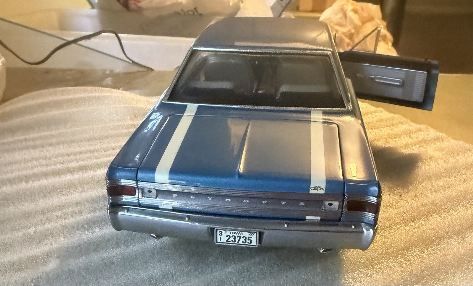 Plymouth Diecast Model Car Blue w/ White Stripes Opening Doors License Plate