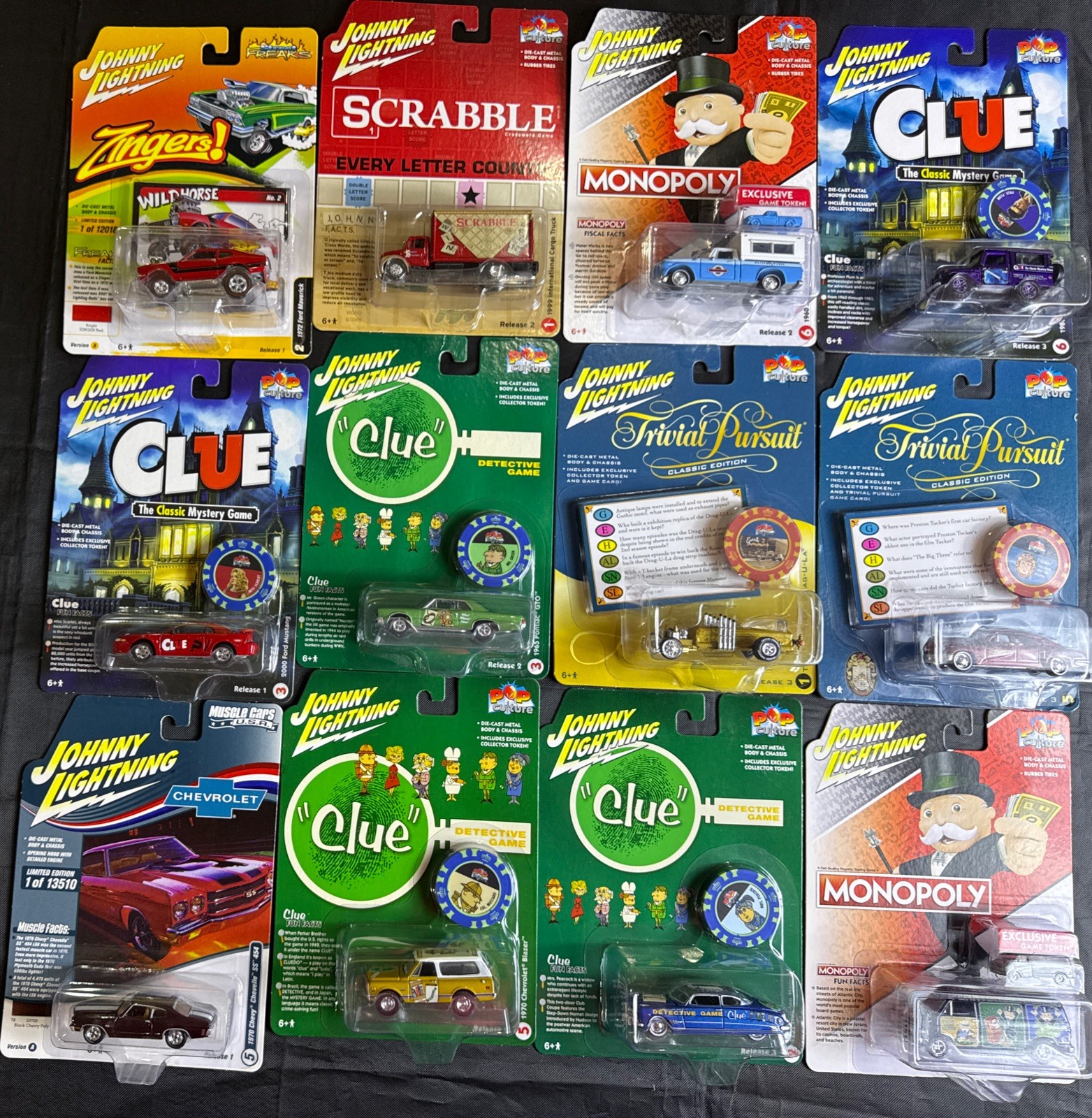 Johnny Lightning Mixed Lot Of 12 Release 1-2-3 Clue, Monopoly Scrabble & Others