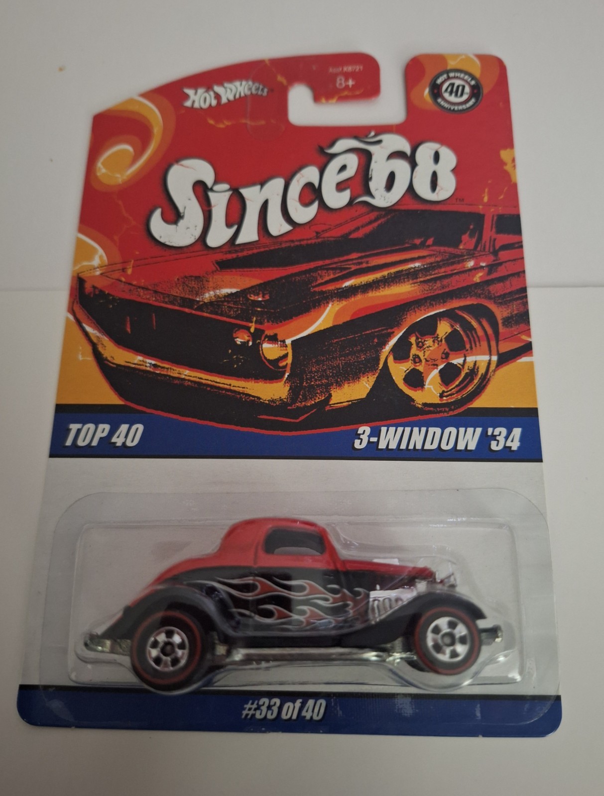 Hot Wheels Since ’68 Top 40 #33/40, 3-Window ’34 in red with flames, HOT!!!!!