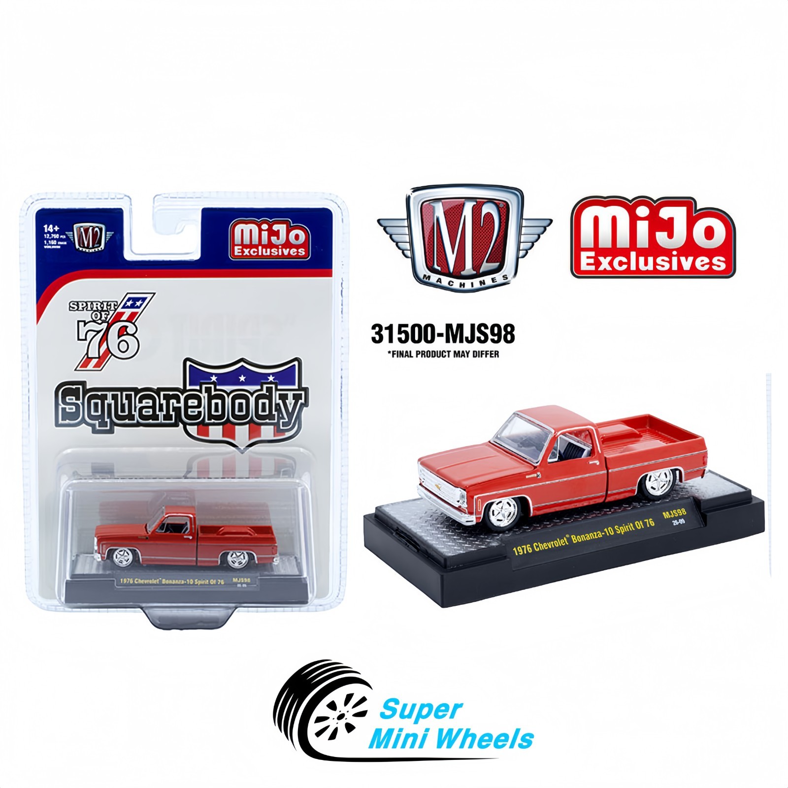 M2 Machines 1:64 1976 Chevrolet Silverado Bonanza-10 SPIRIT OF 76 Squarebody Red