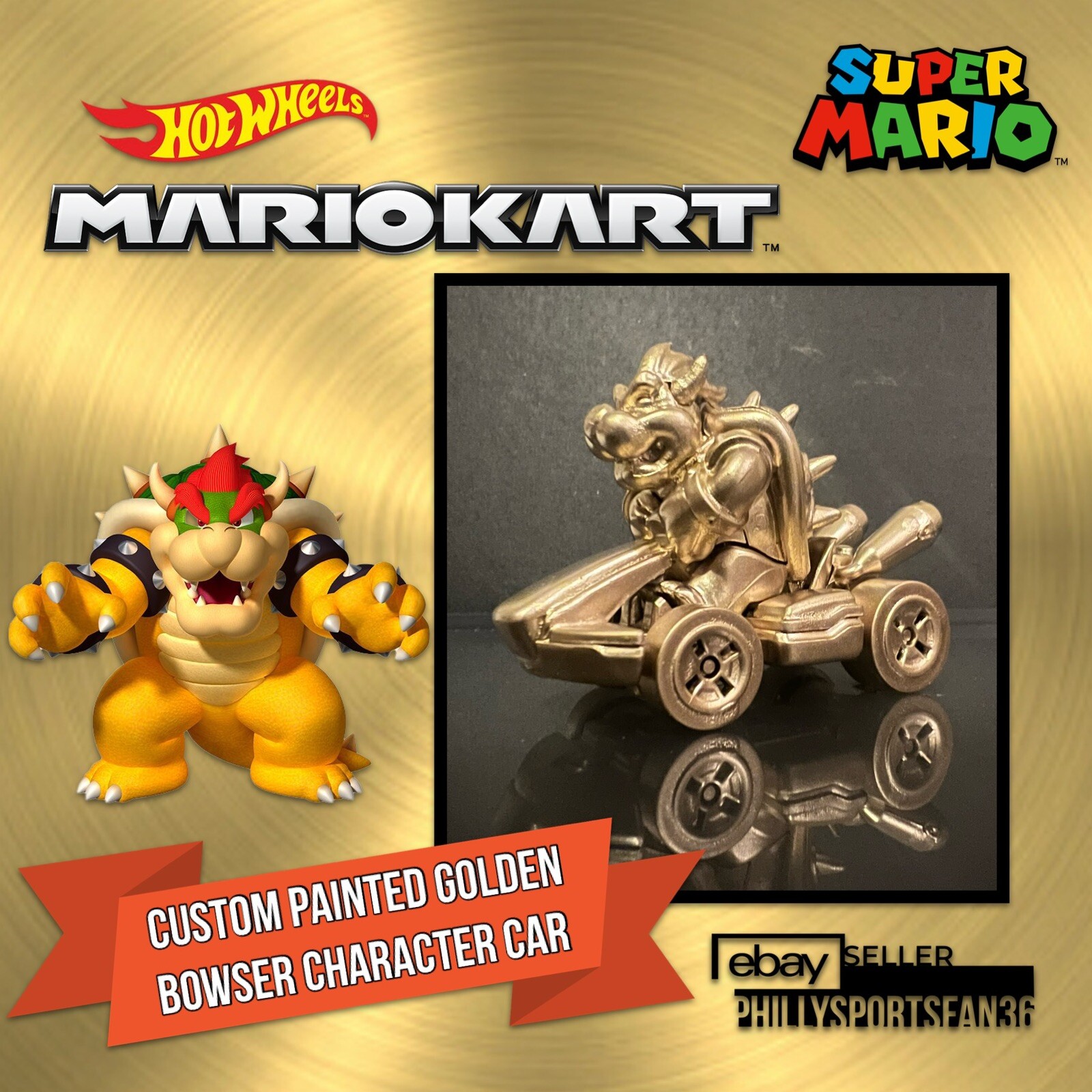BOWSER STANDARD KART Hot Wheels Mario Kart 2022 TOTY Mattel Custom GOLD PAINTED
