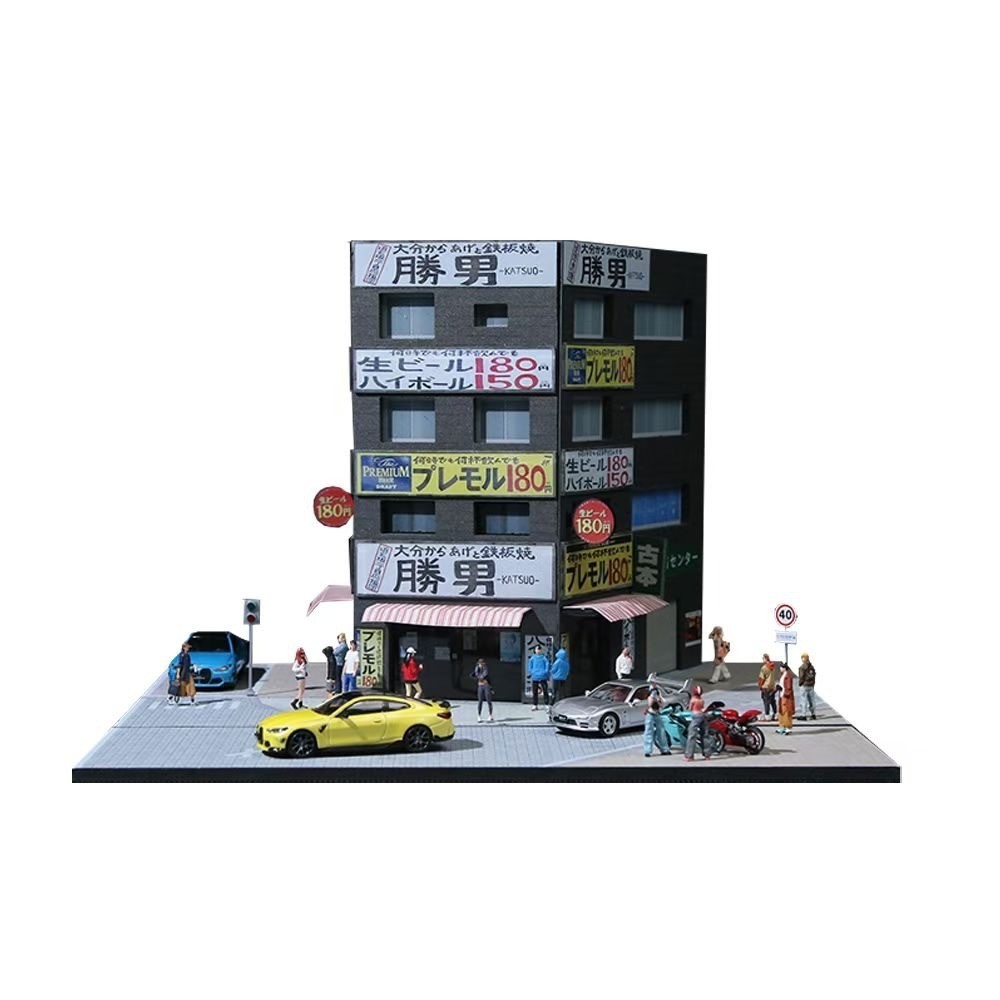 1/64 Diorama Diecast Garage Model LED Lights Street Buildings Teppanyaki Display