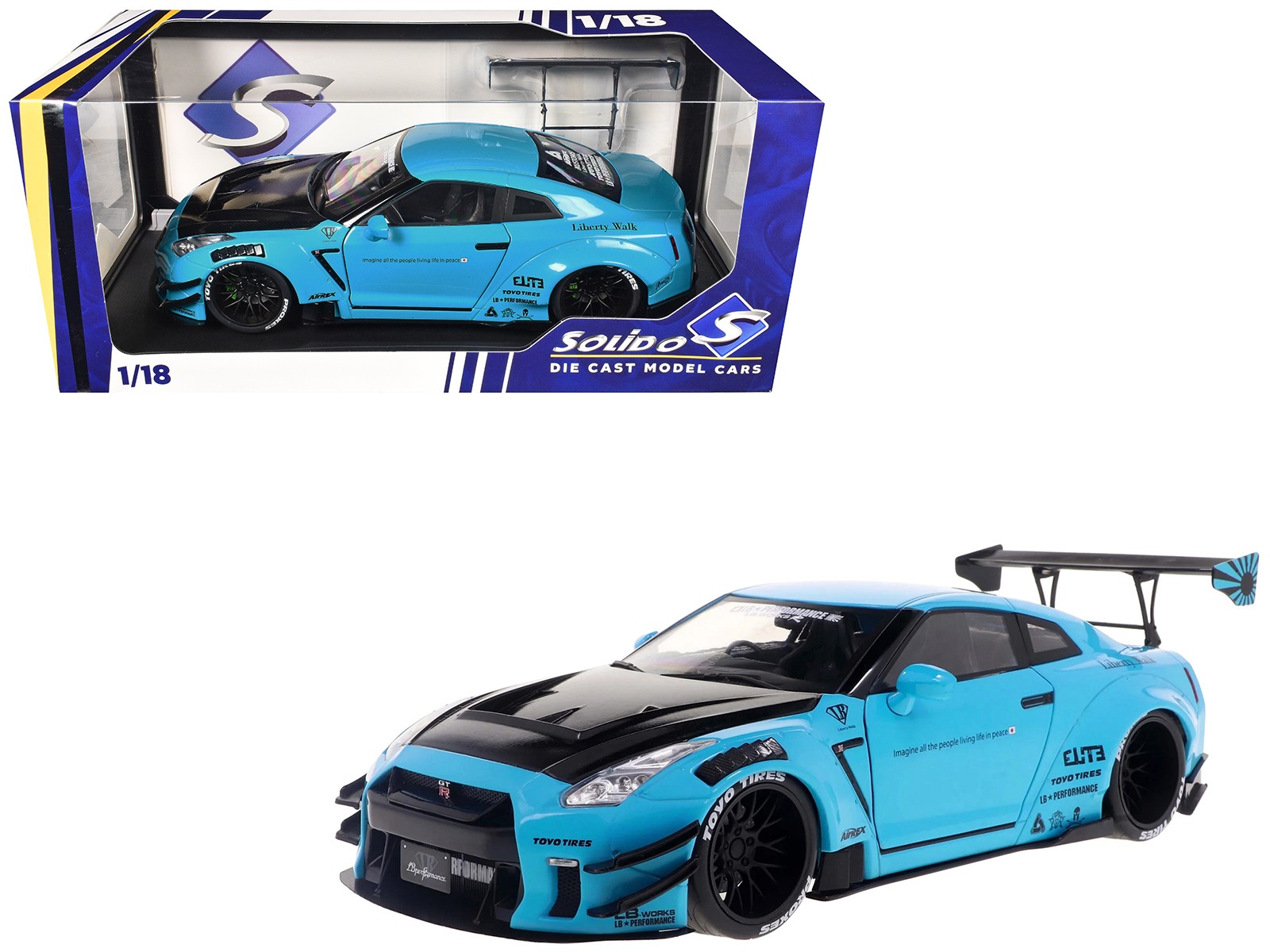 2023 Nissan GT R Liberty Walk Body Kit 2.0 RHD Baby Blue with Carbon Hood 1/18