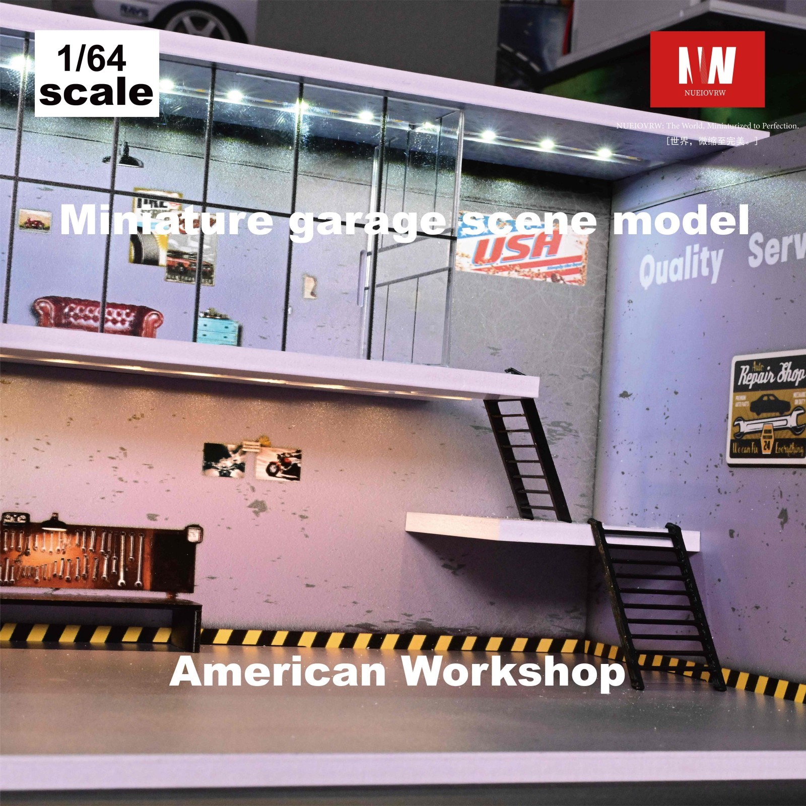 Diorama 1/64 Diecast Car Garage Model LED Lighting Parking Lot Display Case US