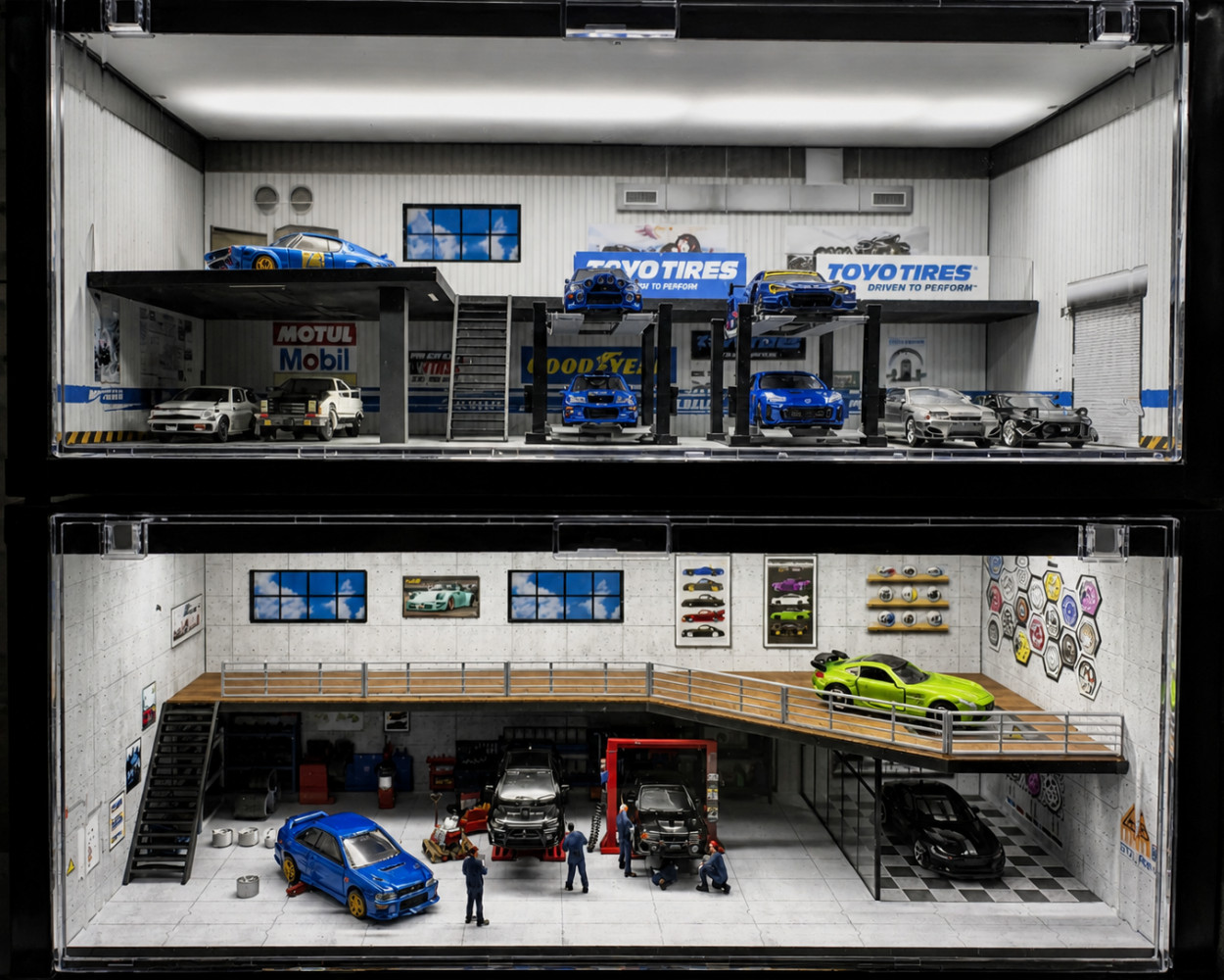 Diorama 1/64 Parking Lot Model LED Lighting Container Garage Display Case Scene